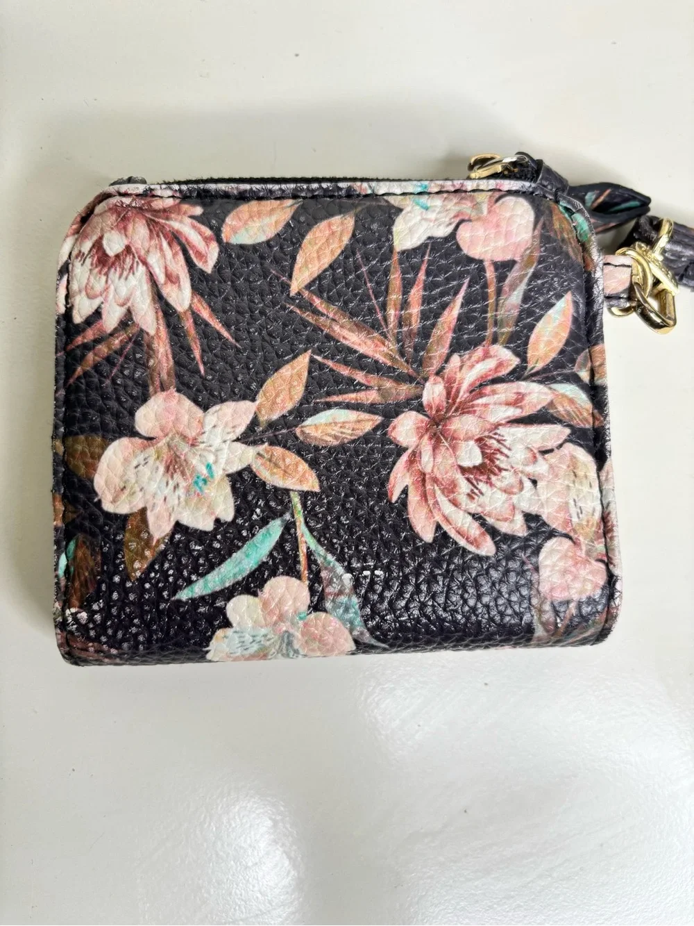 Steve Madden Black Floral Zip Wristlet Wallet with Gold Plaque